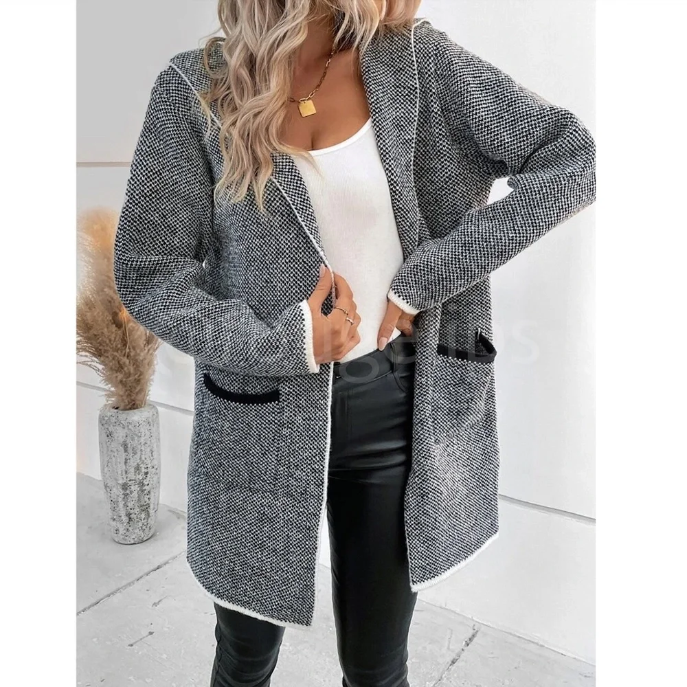 Hooded Knit Grey Open Cardigan Long Sleeves Hip Length w/ Pockets - Picture 3 of 7